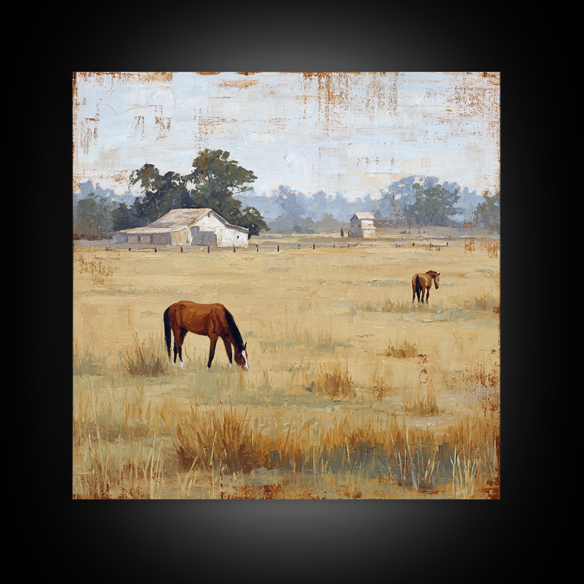 Rolling Pasture with Grazing Horses at Sunrise Canvas Print, Country Art, Neutral Decor, Farmhouse Decor, Fine Art, Country, COU-1x1-49