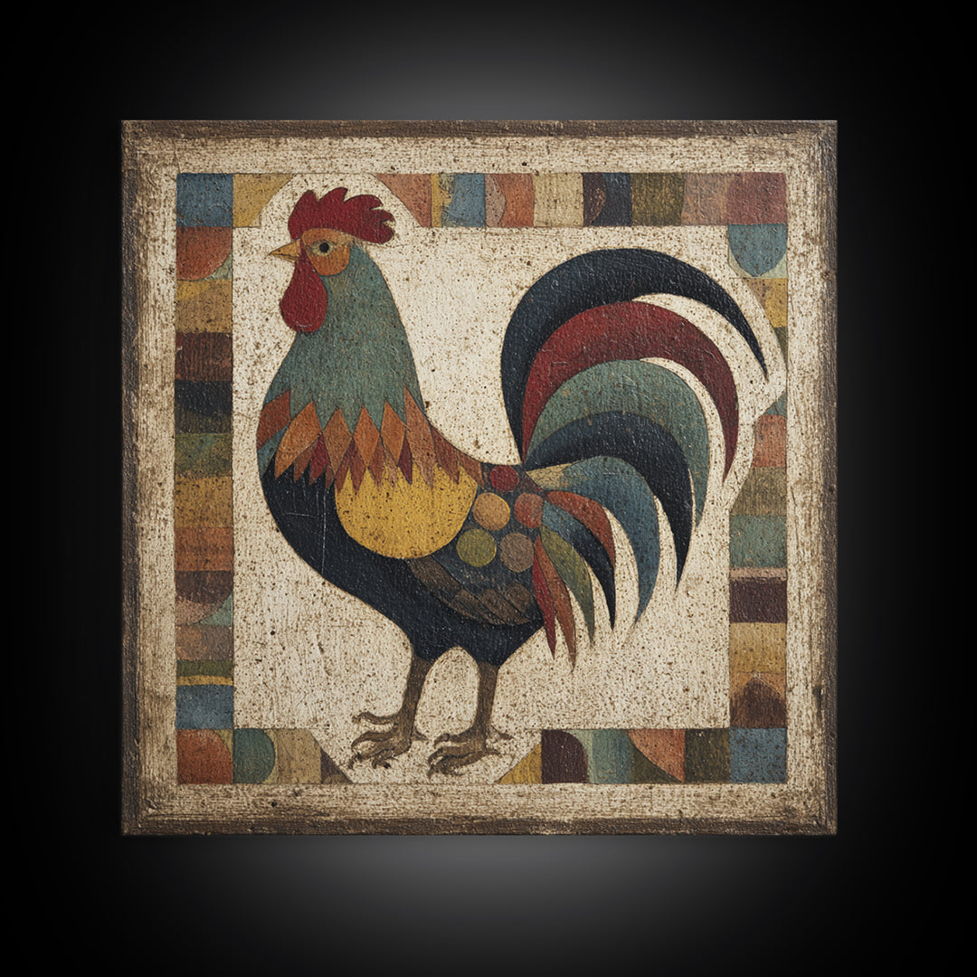 Rooster in Bold Folk Art Color Canvas Print, Country Art, Gallery Wall Art, Farmhouse Decor, Fine Art, Country, COU-1x1-5