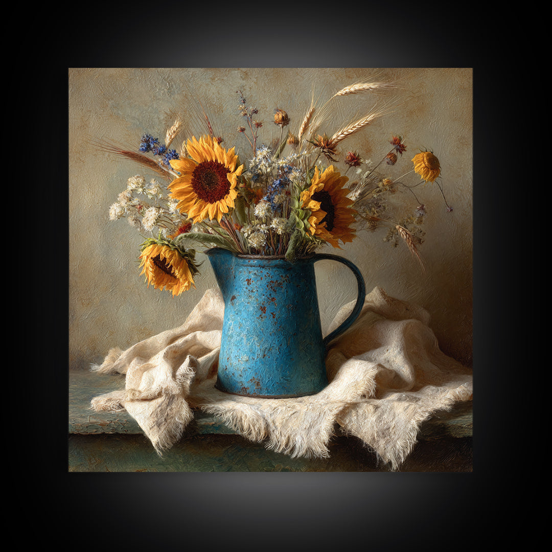 Sunflowers in a Blue Enamel Pitcher Framed Canvas Print, Country Art, Digital Wall Art, Farmhouse Decor, Fine Art, Country, COU-1x1-56