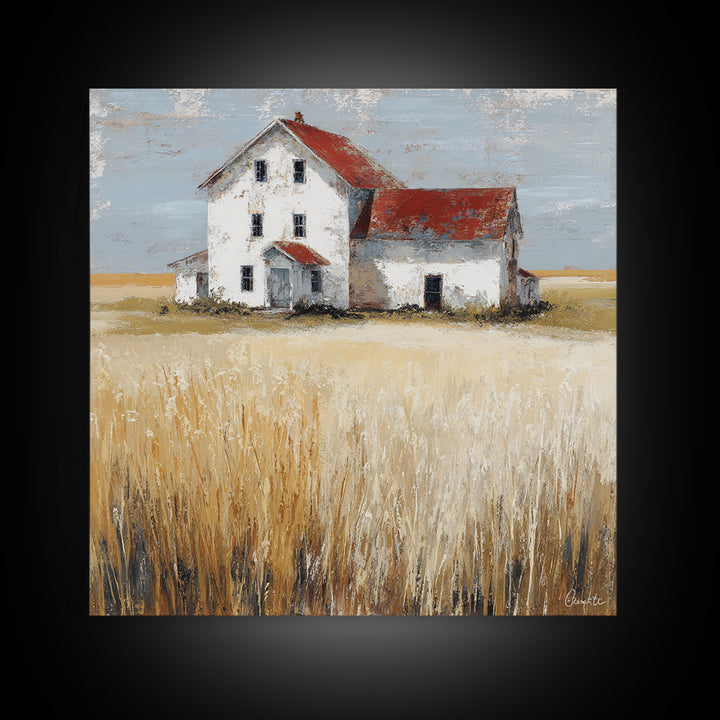 White Farmhouse Surrounded by Tall Grass Framed Canvas Print, Country Art, French Country, Farmhouse Decor, Watercolor Art, COU-1x1-58