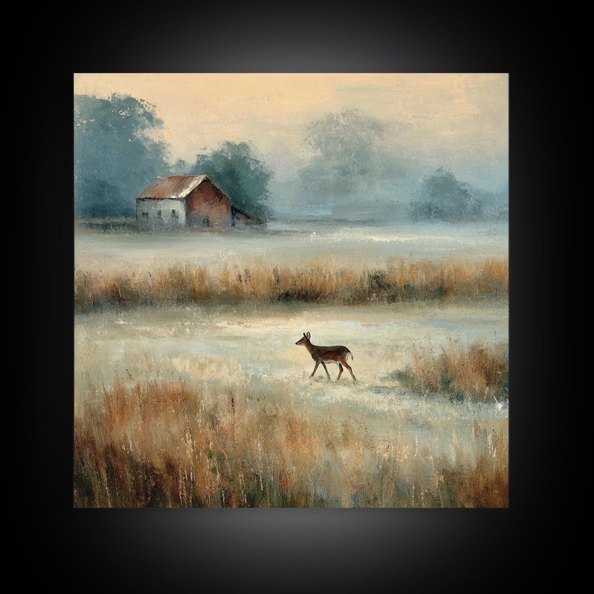 Deer Crossing a Misty Morning Field Canvas Print, Country Art, Landscape Wall Art, Farmhouse Decor, Fine Art, Country, COU-1x1-59