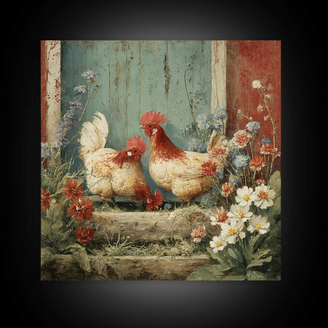 Chickens Pecking Near Garden Flowers Framed Canvas Print, Country Art, Farmhouse Wall Art, Farmhouse Decor, Fine Art, Country, COU-1x1-62