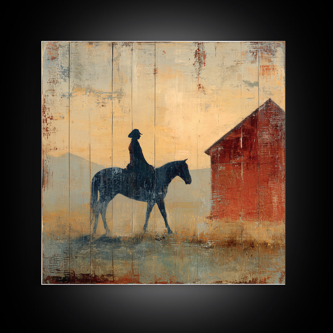 Horse and Rider Silhouette at Dusk Framed Canvas Print, Country Art, Gallery Decor, Farmhouse Decor, Fine Art, Country, COU-1x1-65