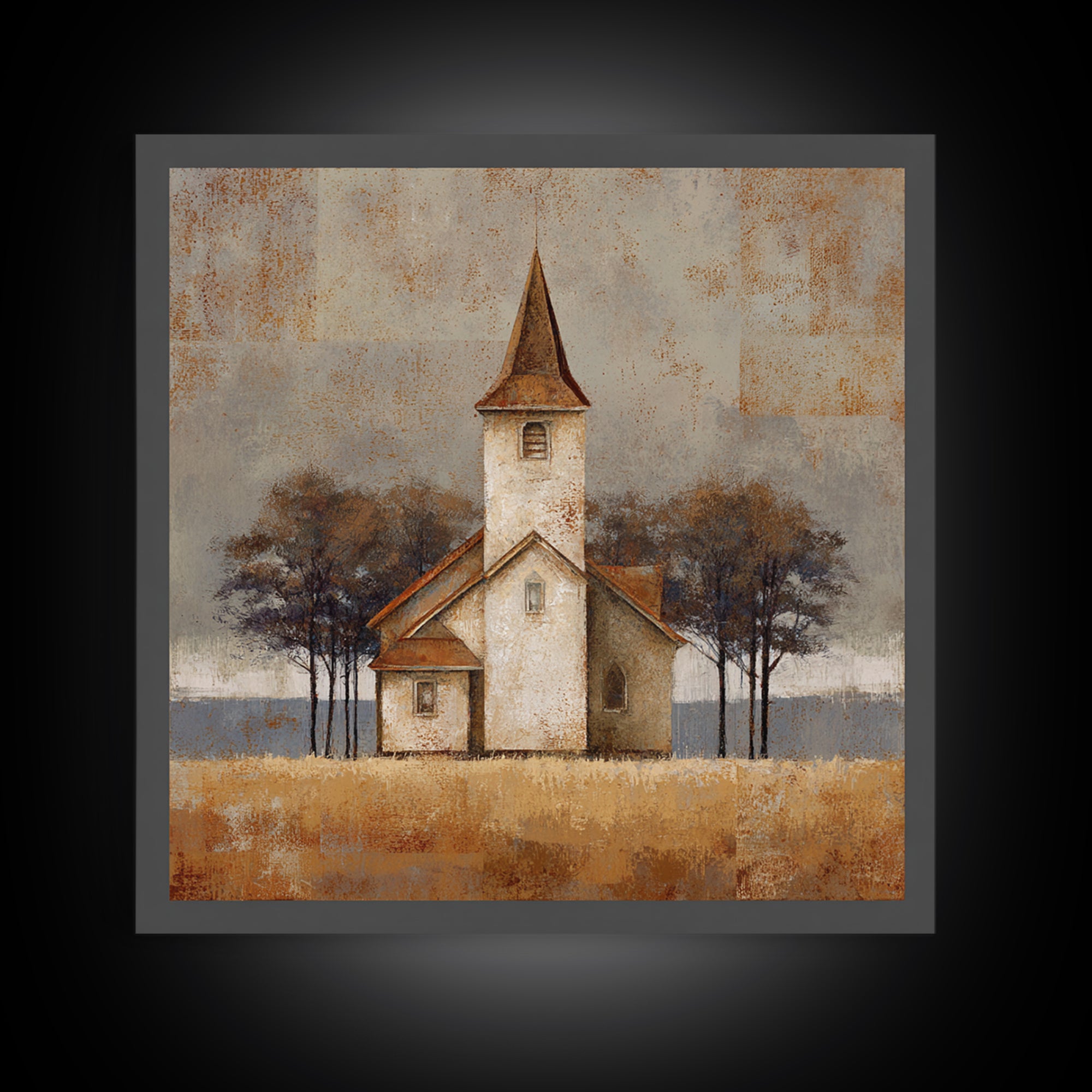 Country Church Steeple Beyond Trees Framed Canvas Print, Country Art, Gallery Decor, Farmhouse Decor, Fine Art, Country, COU-1x1-67