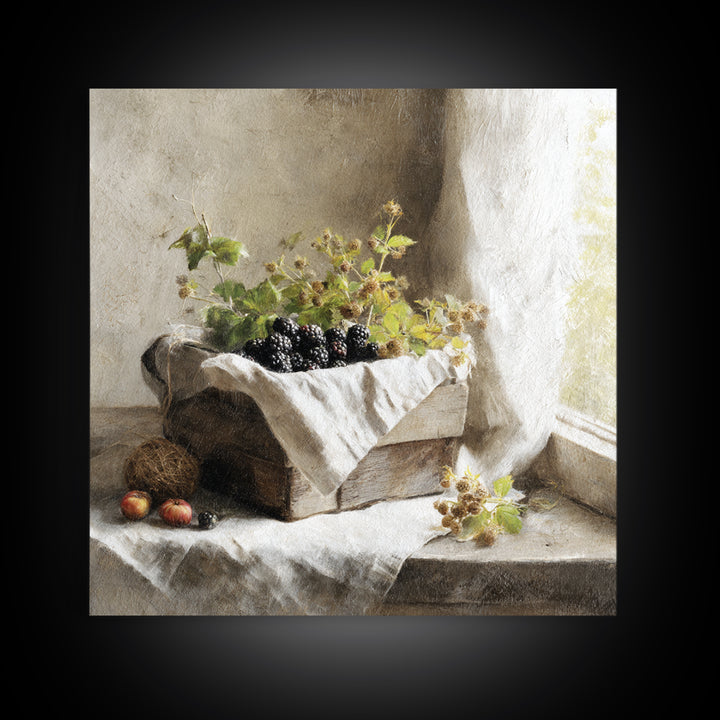 Blackberry Basket with Linen Cloth Canvas Print, Country Art, Wall Decor, Farmhouse Decor, Abstract Art, Country, Wall Art, COU-1x1-69