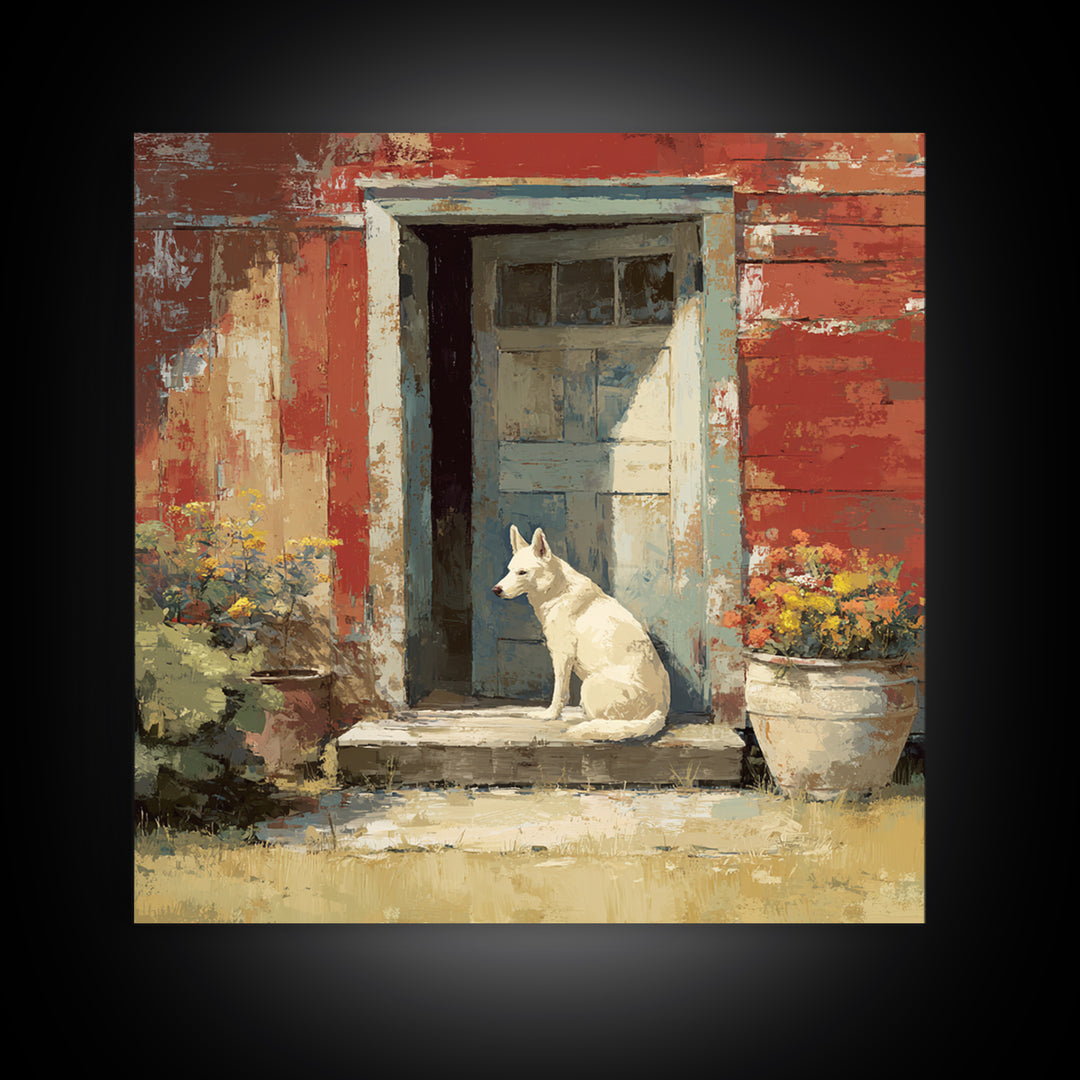 Dog Resting Beside a Porch Flower Pot Framed Canvas Print, Country Art, Landscape Painting, Farmhouse Decor, Oil Painting, COU-1x1-70