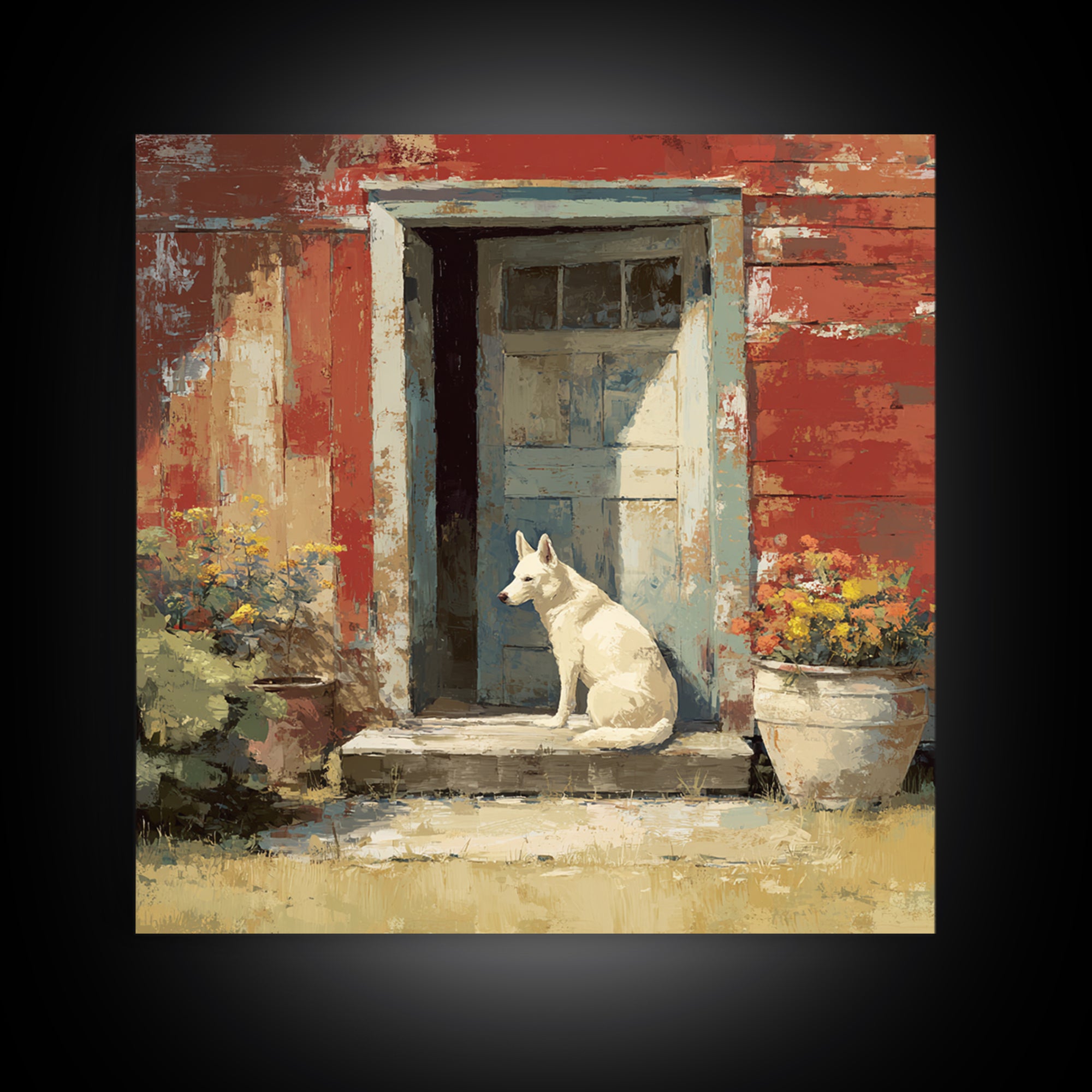 Dog Resting Beside a Porch Flower Pot Framed Canvas Print, Country Art, Landscape Painting, Farmhouse Decor, Oil Painting, COU-1x1-70