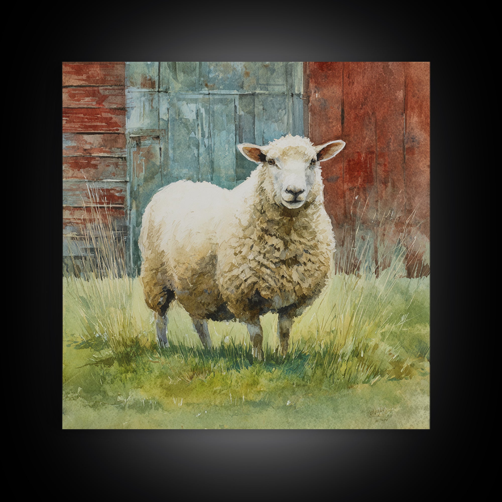 Watercolor Sheep in a Green Pasture Framed Canvas Print, Country Art, French Country, Farmhouse Decor, Fine Art, Country, COU-1x1-71