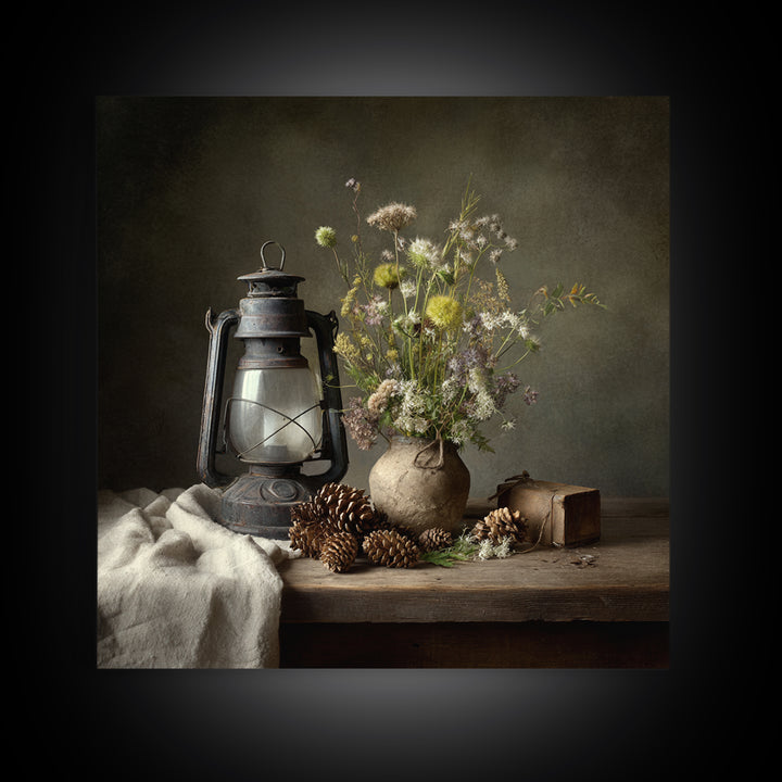 Old Lantern and Pinecones Still Life Framed Canvas Print, Country Art, French Country Decor, Farmhouse Decor, Abstract Art, COU-1x1-72