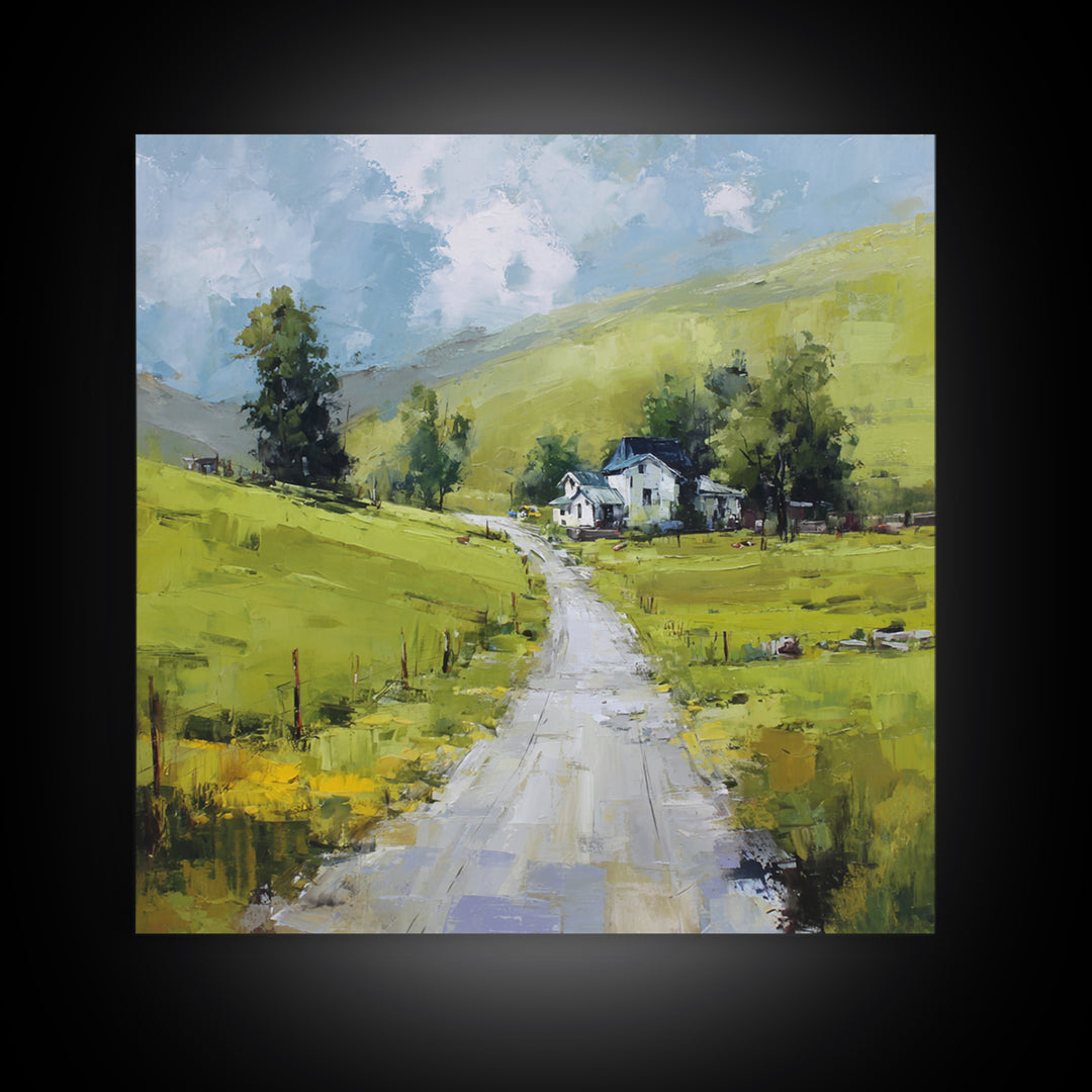 Country Road Disappearing into Green Hills Framed Canvas Print, Country Art, Modern Decor, Farmhouse Decor, Oil Painting, COU-1x1-79