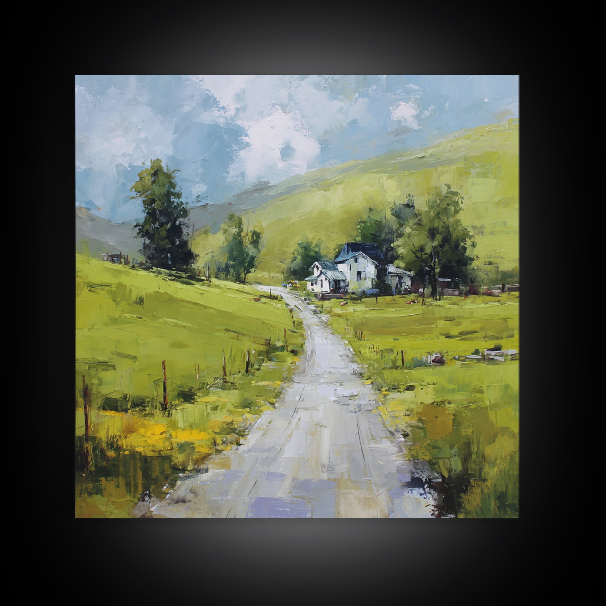 Country Road Disappearing into Green Hills Framed Canvas Print, Country Art, Modern Decor, Farmhouse Decor, Oil Painting, COU-1x1-79