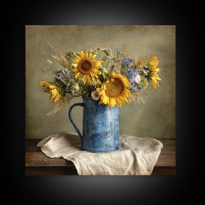 Sunflowers in a Blue Enamel Pitcher Framed Canvas Print, Country Art, Original Painting, Farmhouse Decor, Oil Painting, Country, COU-1x1-8