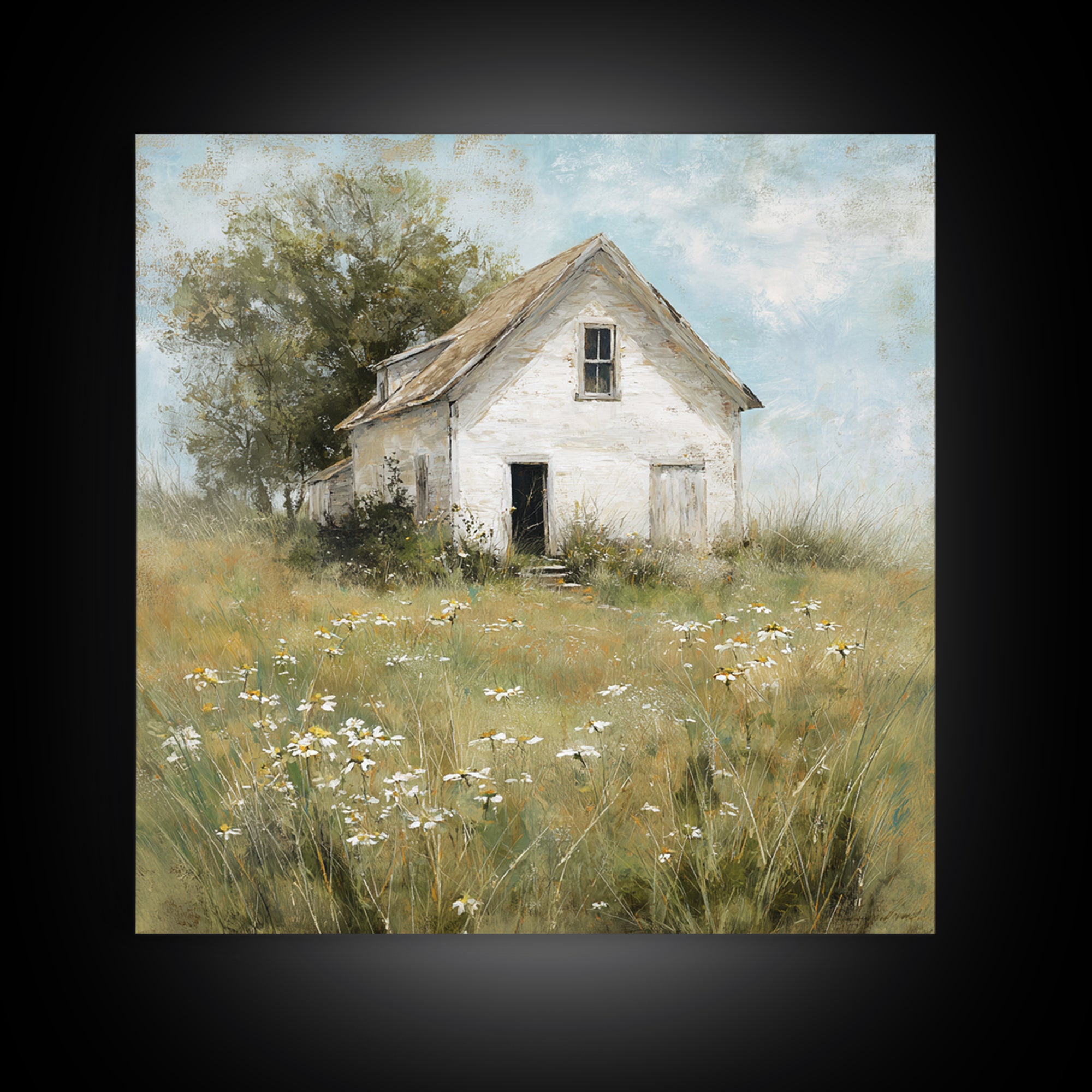 White Farmhouse Surrounded by Tall Grass Canvas Print, Country Art, Wall Decor, Farmhouse Decor, Oil Painting, Country, COU-1x1-82