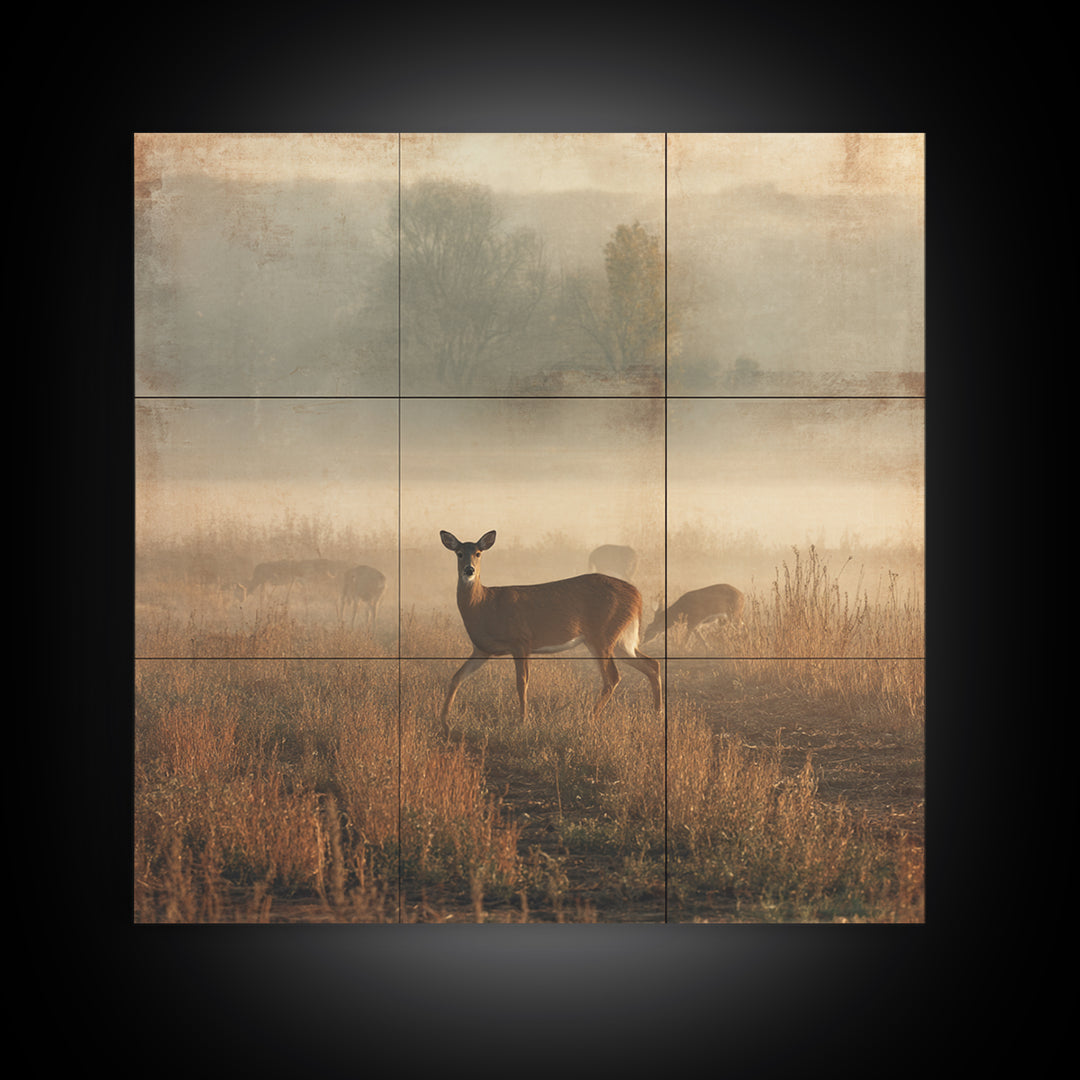 Deer Crossing a Misty Morning Field Framed Canvas Print, Country Art, Fine Art Print, Farmhouse Decor, Fine Art, Country, COU-1x1-83