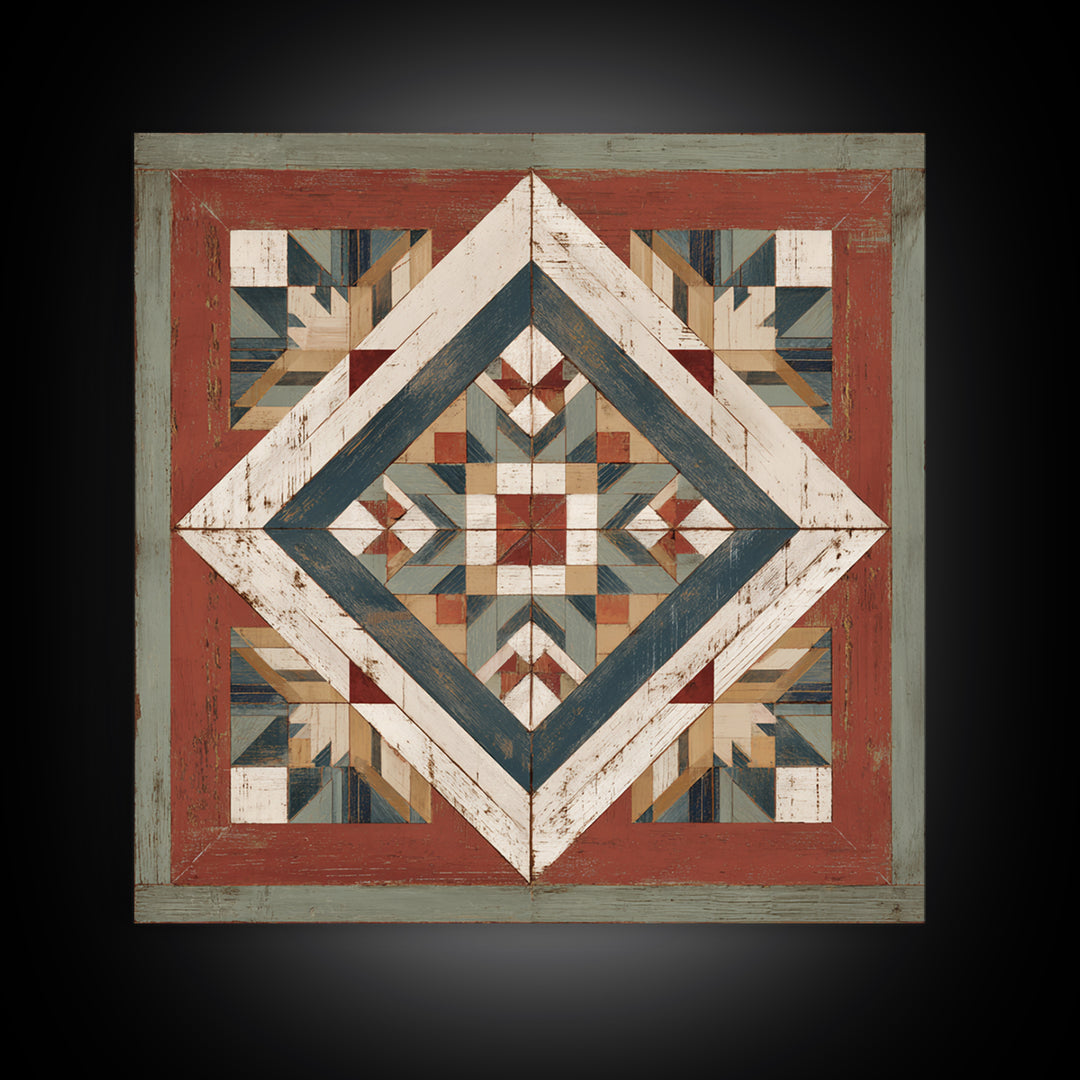 Quilt Geometric Folk Pattern Framed Canvas Print, Country Art, French Country, Farmhouse Decor, Fine Art, Country, Luxury Decor, COU-1x1-84