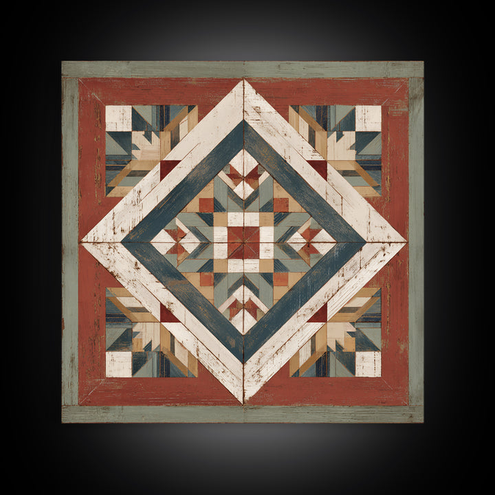 Quilt Geometric Folk Pattern Framed Canvas Print, Country Art, French Country, Farmhouse Decor, Fine Art, Country, Luxury Decor, COU-1x1-84