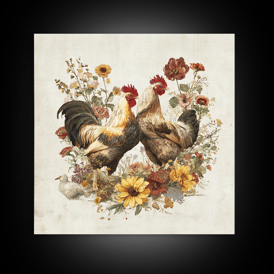 Chickens Pecking Near Garden Flowers Canvas Print, Country Art, Neutral Decor, Farmhouse Decor, Oil Painting, Country, COU-1x1-86