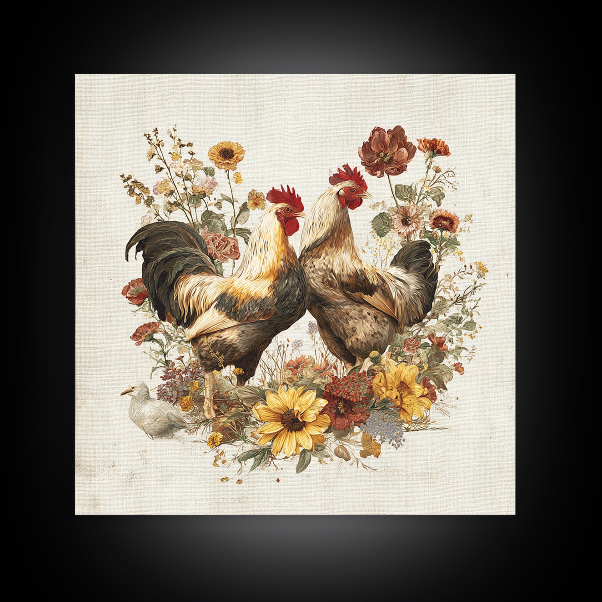 Chickens Pecking Near Garden Flowers Canvas Print, Country Art, Neutral Decor, Farmhouse Decor, Oil Painting, Country, COU-1x1-86