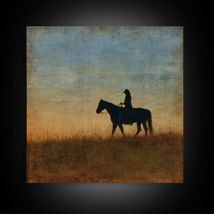 Horse and Rider Silhouette at Dusk Canvas Print, Country Art, Boho Decor, Farmhouse Decor, Fine Art, Country, Art Prints, COU-1x1-89