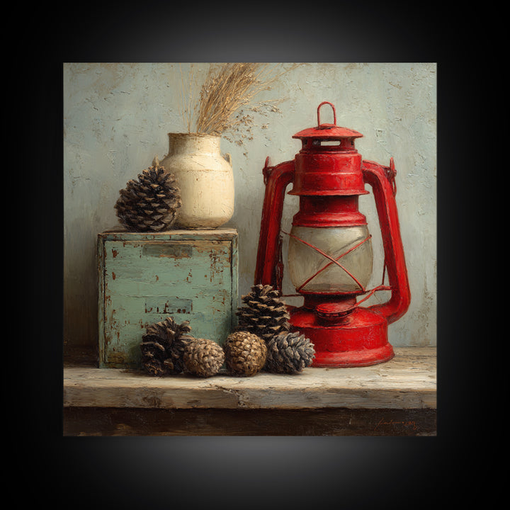 Old Lantern and Pinecones Still Life Framed Canvas Print, Country Art, Digital Prints, Farmhouse Decor, Fine Art, Country, COU-1x1-96