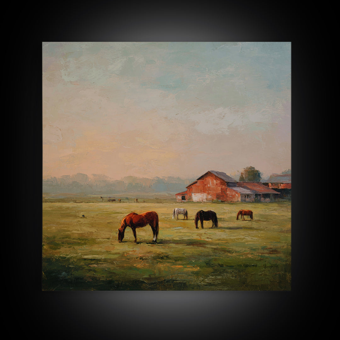 Rolling Pasture with Grazing Horses at Sunrise Canvas Print, Country Art, Wall Art, Farmhouse Decor, Oil Painting, Country, COU-1x1-97