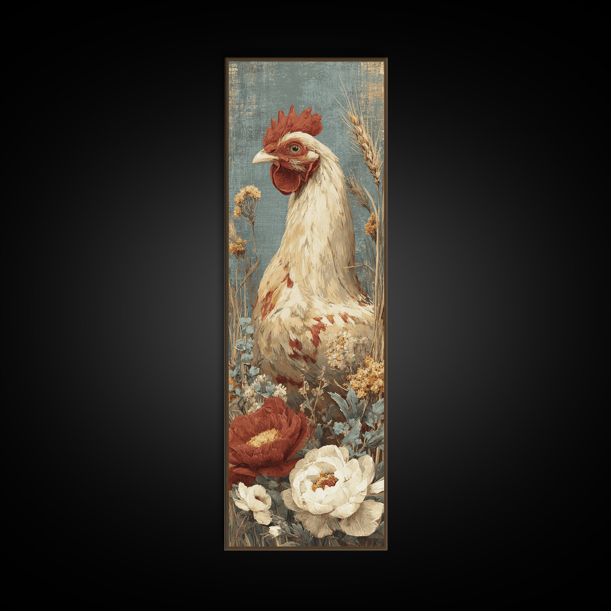 Chickens Pecking Near Garden Flowers Canvas Print, Country Art, Landscape Painting, Farmhouse Decor, Watercolor Art, Country, COU-1x3-2