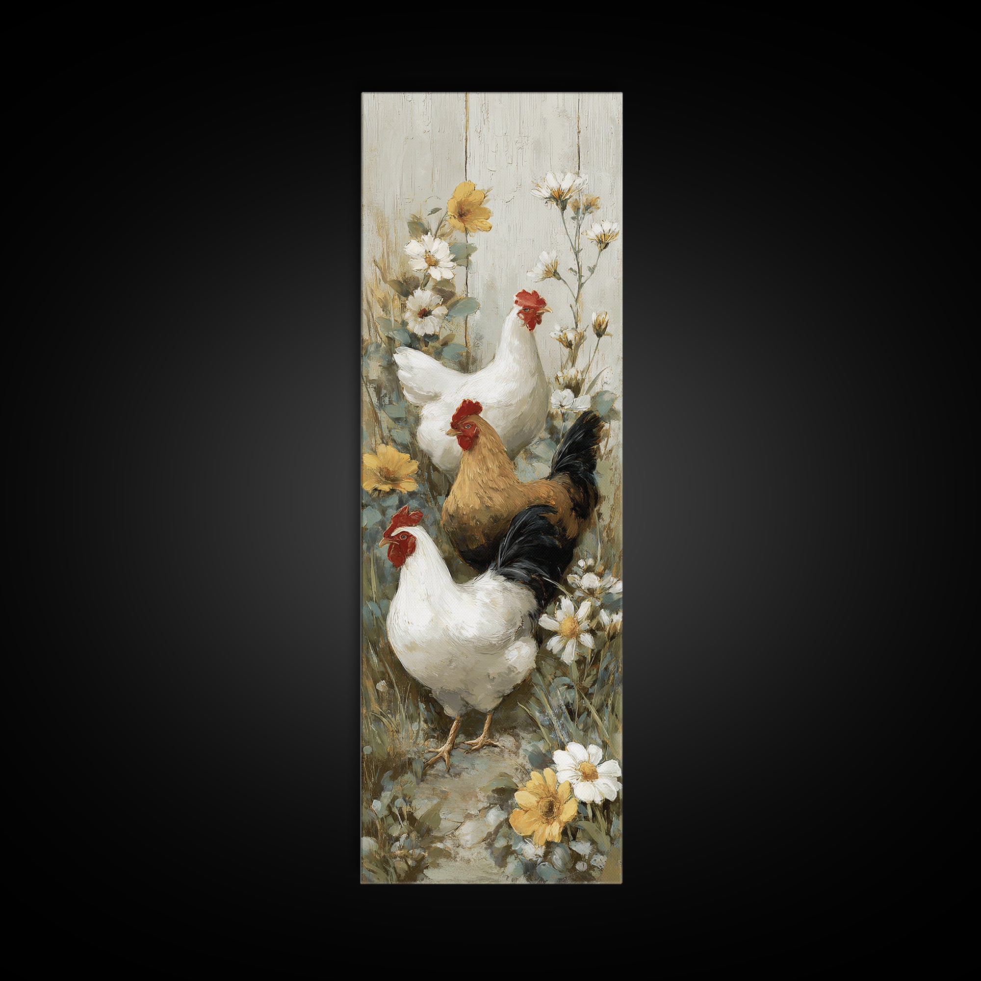 Chickens Pecking Near Garden Flowers Canvas Print, Country Art, Landscape Painting, Farmhouse Decor, Watercolor Art, Country, COU-1x3-26
