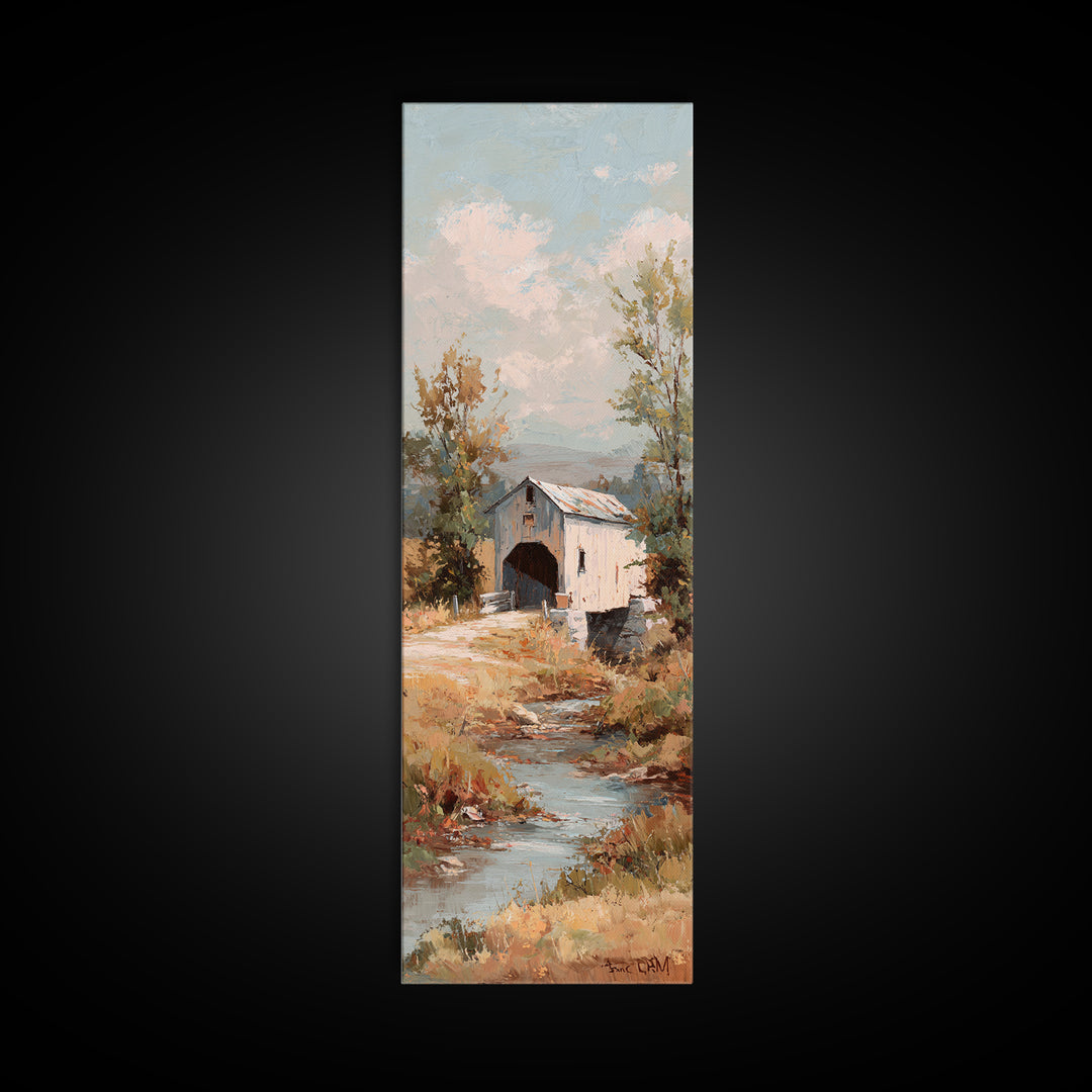 Covered Bridge over a Quiet Creek Canvas Print, Country Art, Digital Prints, Farmhouse Decor, Oil Painting, Country, COU-1x3-27