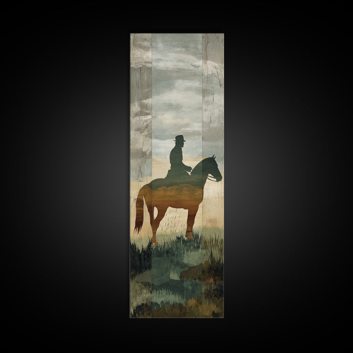 Horse and Rider Silhouette at Dusk Framed Canvas Print, Country Art, Neutral Decor, Farmhouse Decor, Fine Art, Country, COU-1x3-29