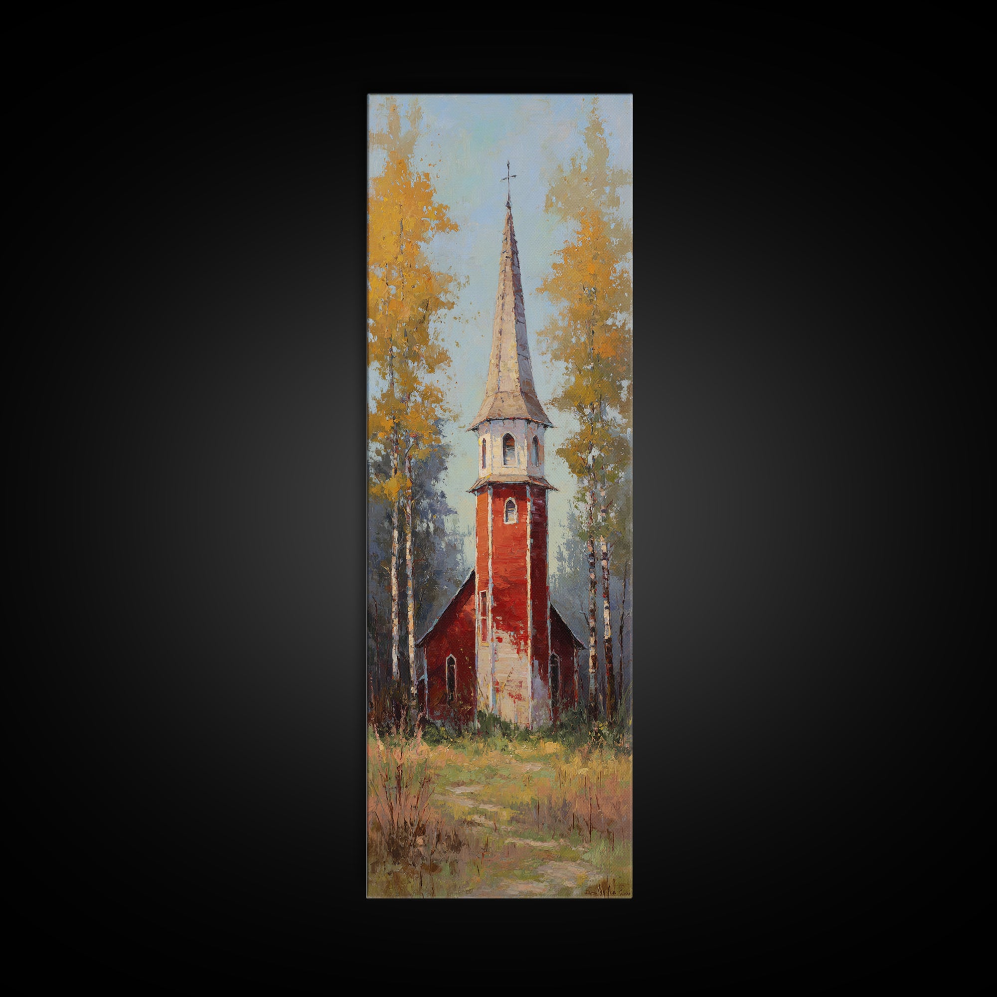 Country Church Steeple Beyond Trees Framed Canvas Print, Country Art, Art Prints, Farmhouse Decor, Watercolor Art, Country, COU-1x3-31