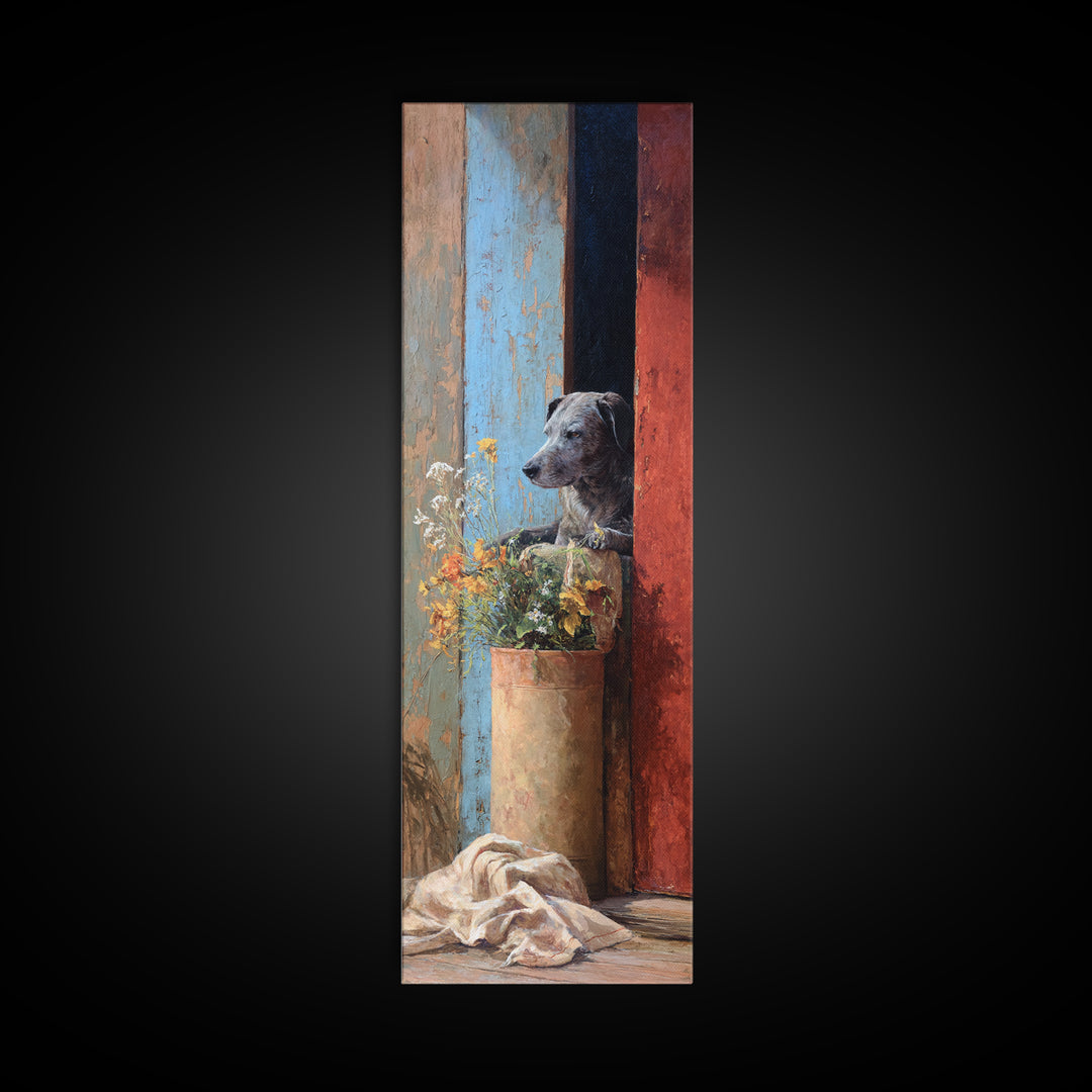 Dog Resting Beside a Porch Flower Pot Framed Canvas Print, Country Art, French Country Decor, Farmhouse Decor, Country, COU-1x3-34
