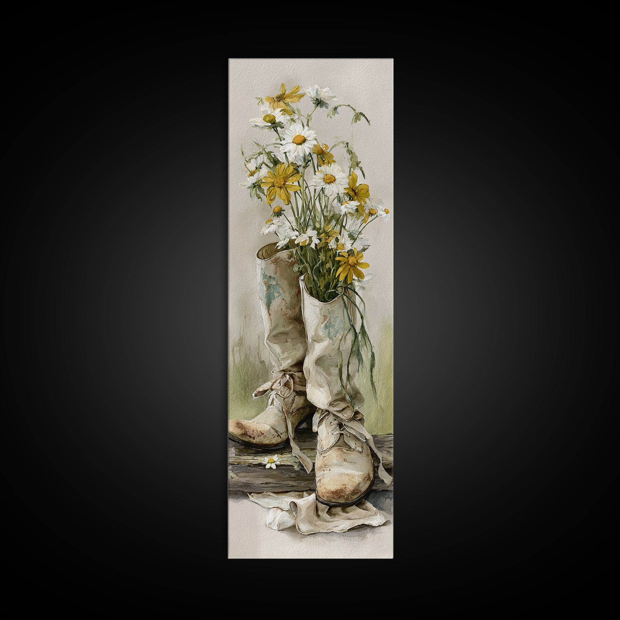 Weathered Boots with Wildflowers Tucked Inside Framed Canvas Print, Country Art, Modern Decor, Farmhouse Decor, Oil Painting, COU-1x3-4