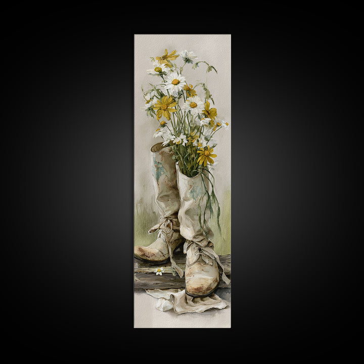 Weathered Boots with Wildflowers Tucked Inside Framed Canvas Print, Country Art, Modern Decor, Farmhouse Decor, Oil Painting, COU-1x3-4