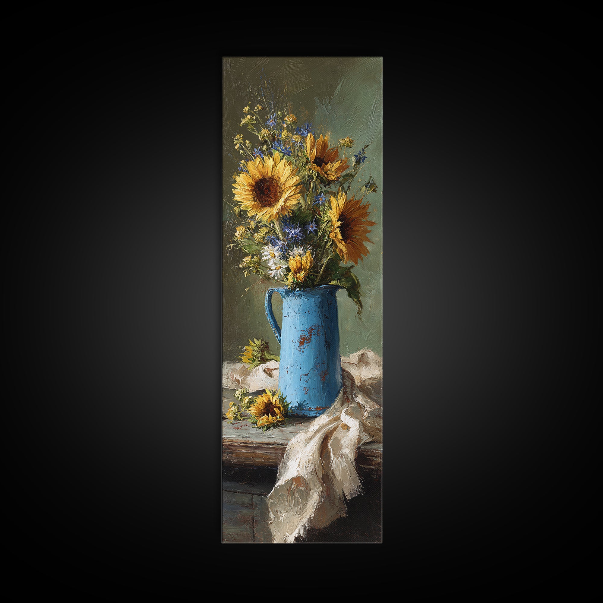 Sunflowers in a Blue Enamel Pitcher Canvas Print, Country Art, Contemporary Art, Farmhouse Decor, Oil Painting, Country, COU-1x3-44