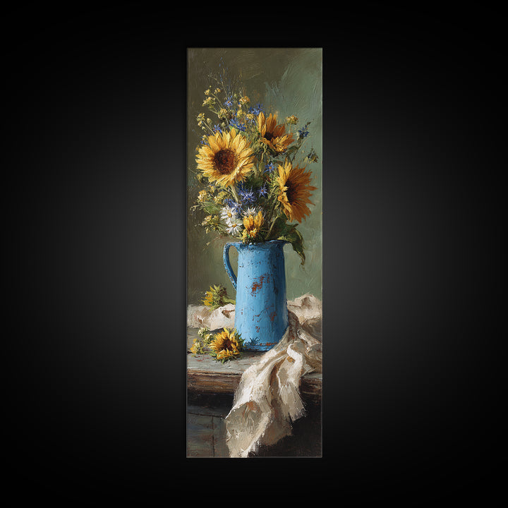 Sunflowers in a Blue Enamel Pitcher Canvas Print, Country Art, Contemporary Art, Farmhouse Decor, Oil Painting, Country, COU-1x3-44