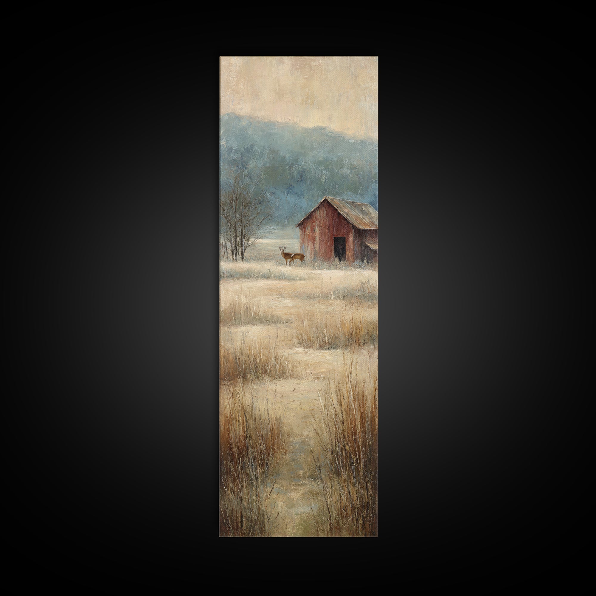 Deer Crossing a Misty Morning Field Framed Canvas Print, Country Art, Oil Painting, Farmhouse Decor, Fine Art, Country, COU-1x3-47