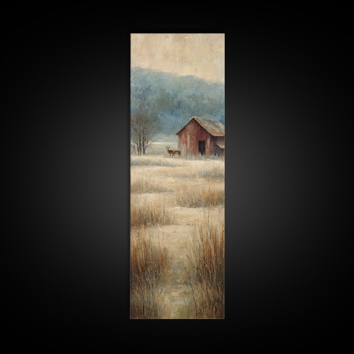 Deer Crossing a Misty Morning Field Framed Canvas Print, Country Art, Oil Painting, Farmhouse Decor, Fine Art, Country, COU-1x3-47