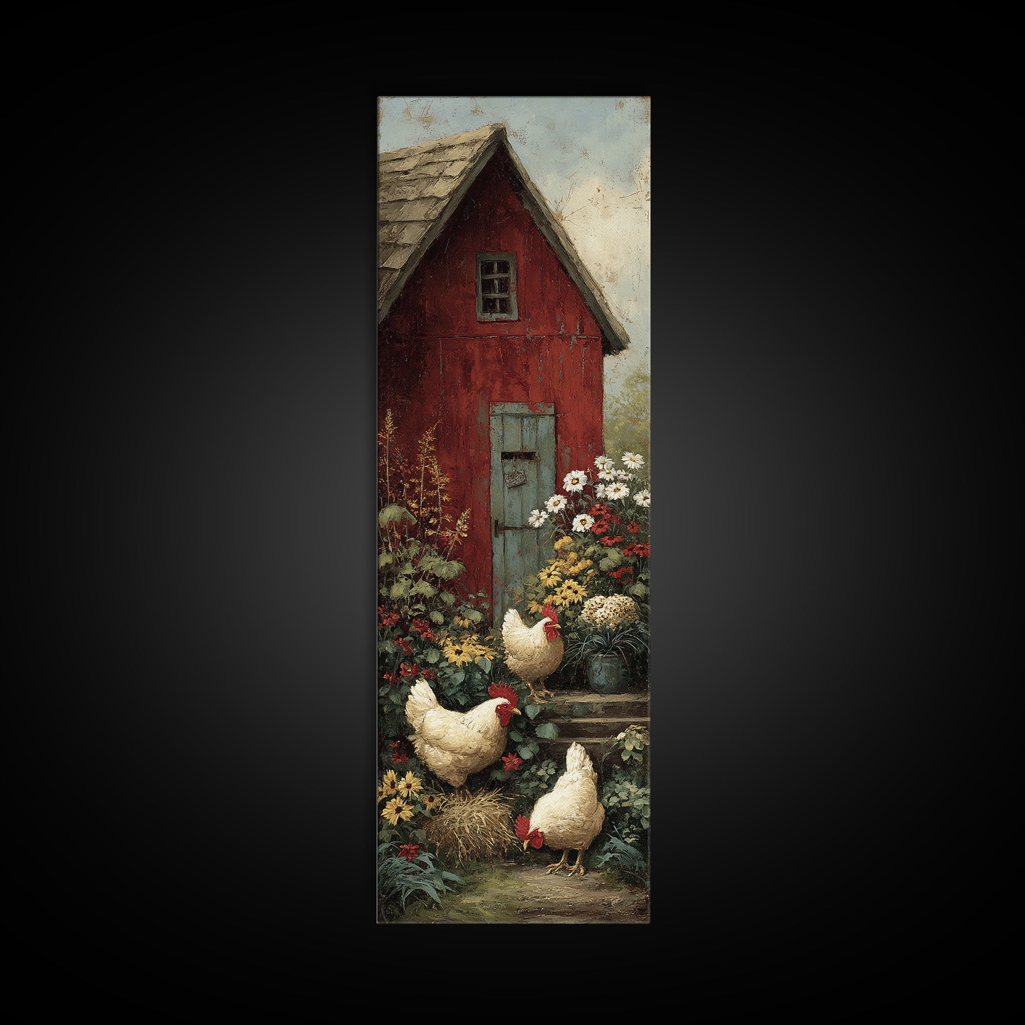 Chickens Pecking Near Garden Flowers Framed Canvas Print, Country Art, Landscape Wall Art, Farmhouse Decor, Watercolor Art, COU-1x3-50