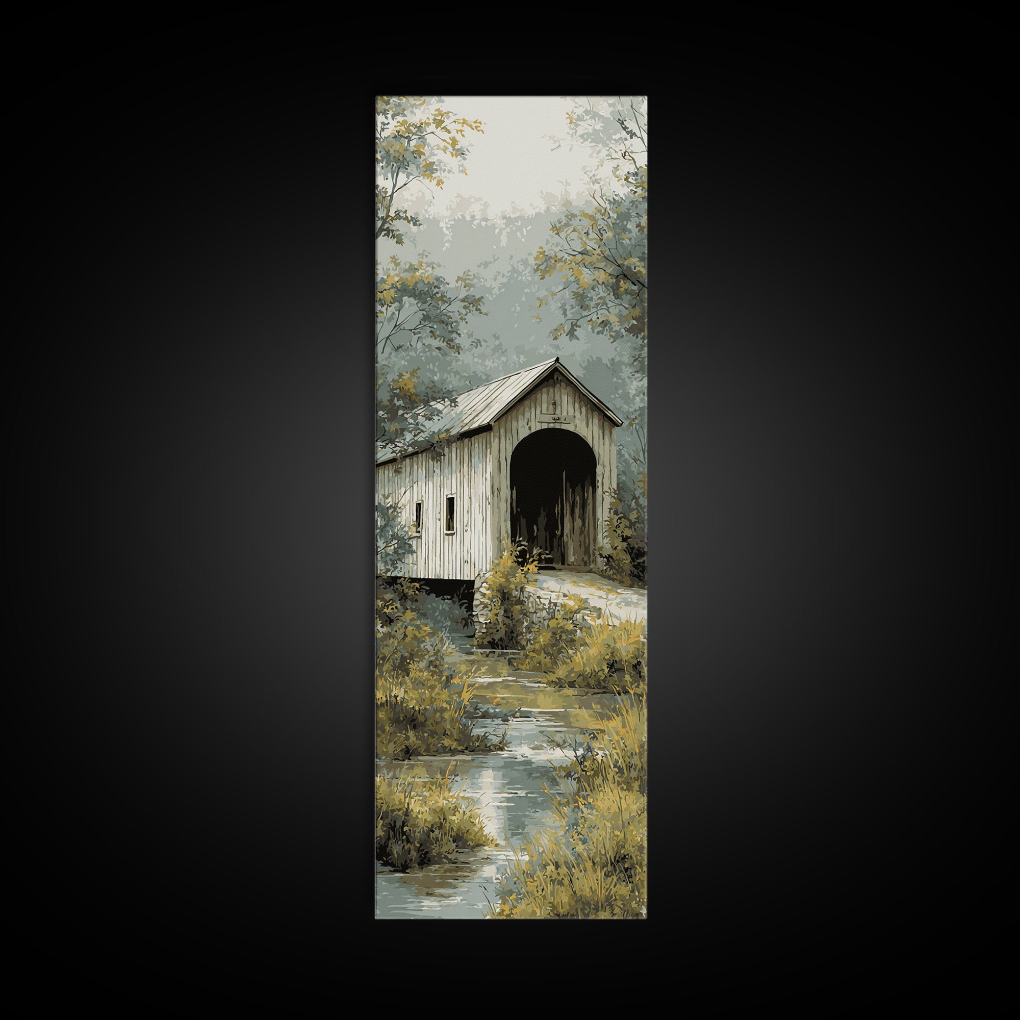 Covered Bridge over a Quiet Creek Canvas Print, Country Art, Farmhouse Decor, Abstract Art, Country, Gallery Wall Art, COU-1x3-51