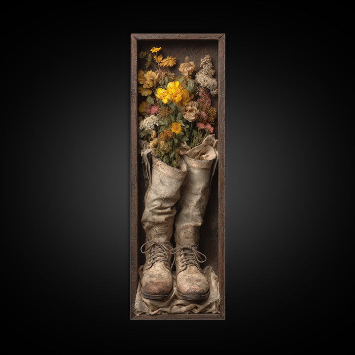 Weathered Boots with Wildflowers Tucked Inside Framed Canvas Print, Country Art, Farmhouse Decor, Watercolor Art, Country, COU-1x3-52