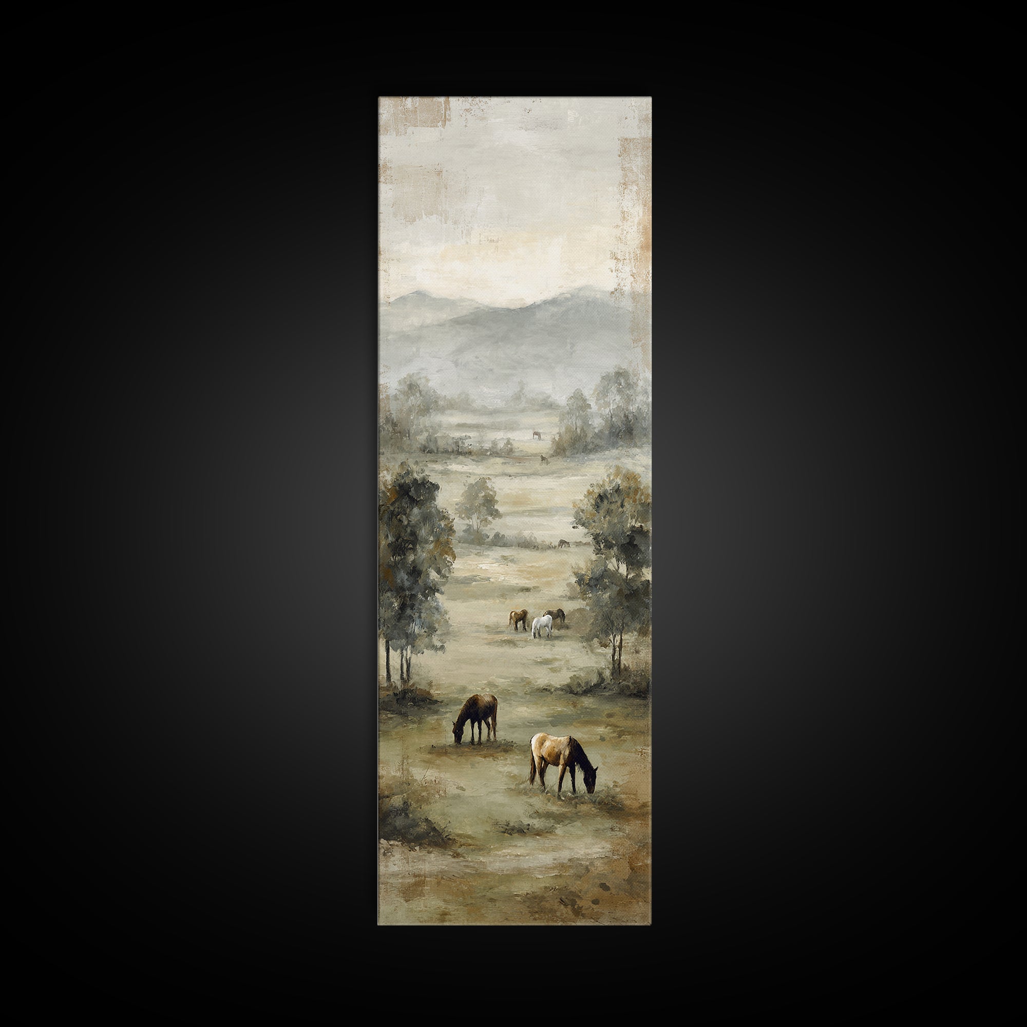 Rolling Pasture with Grazing Horses at Sunrise Framed Canvas Print, Country Art, Textured Painting, Farmhouse Decor, Country, COU-1x3-61