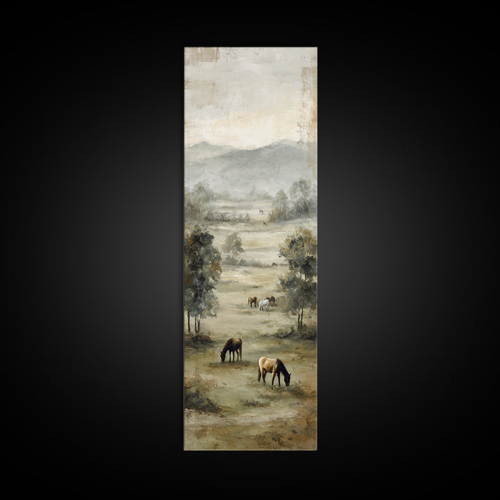 Rolling Pasture with Grazing Horses at Sunrise Framed Canvas Print, Country Art, Textured Painting, Farmhouse Decor, Country, COU-1x3-61