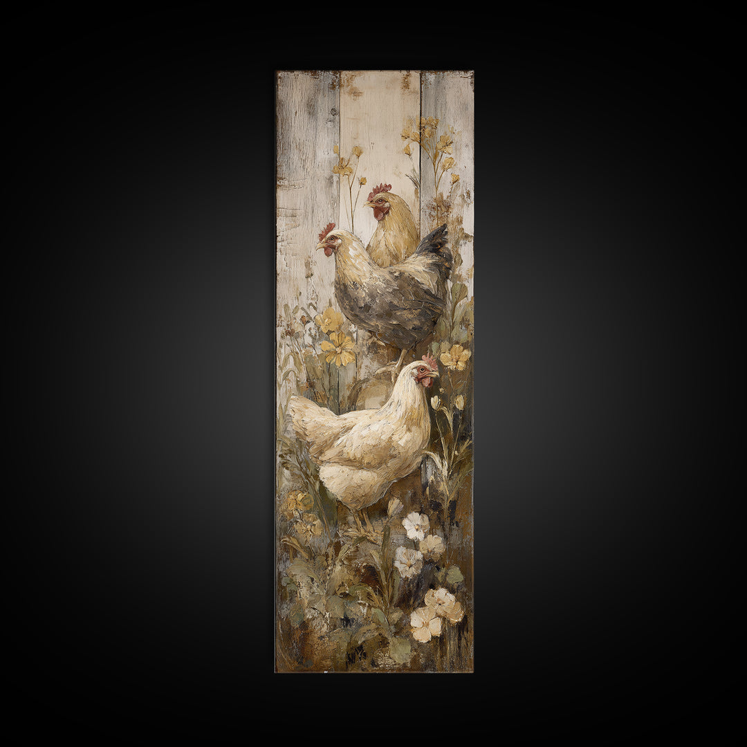 Chickens Pecking Near Garden Flowers Framed Canvas Print, Country Art, Landscape Wall Art, Farmhouse Decor, Watercolor Art, COU-1x3-74