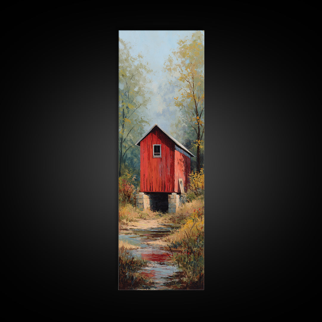 Covered Bridge over a Quiet Creek Framed Canvas Print, Country Art, Digital Art Prints, Farmhouse Decor, Fine Art, Country, COU-1x3-75