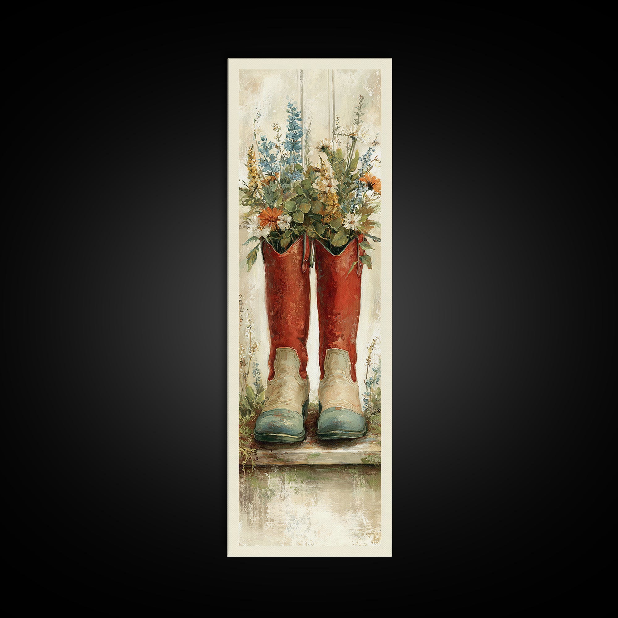 Weathered Boots with Wildflowers Tucked Inside Framed Canvas Print, Country Art, Digital Print, Farmhouse Decor, Country, COU-1x3-76