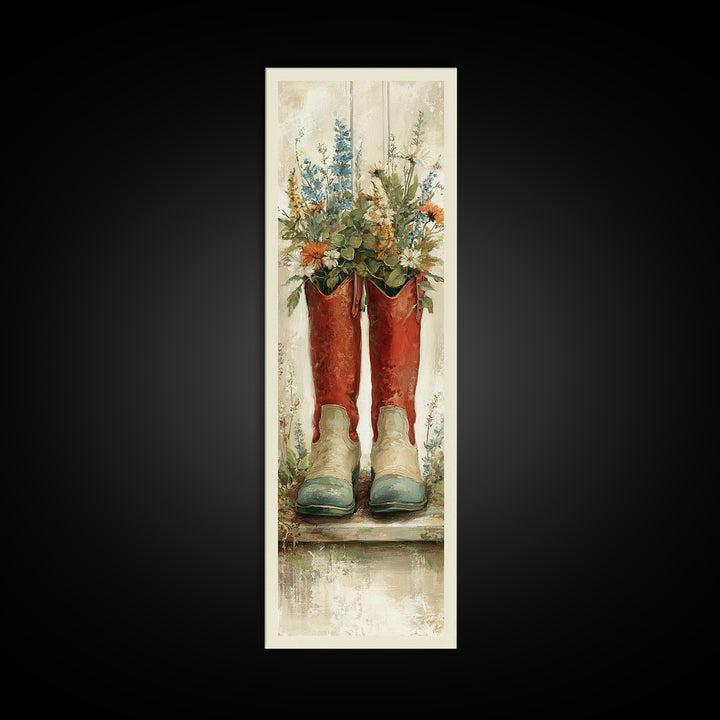 Weathered Boots with Wildflowers Tucked Inside Framed Canvas Print, Country Art, Digital Print, Farmhouse Decor, Country, COU-1x3-76