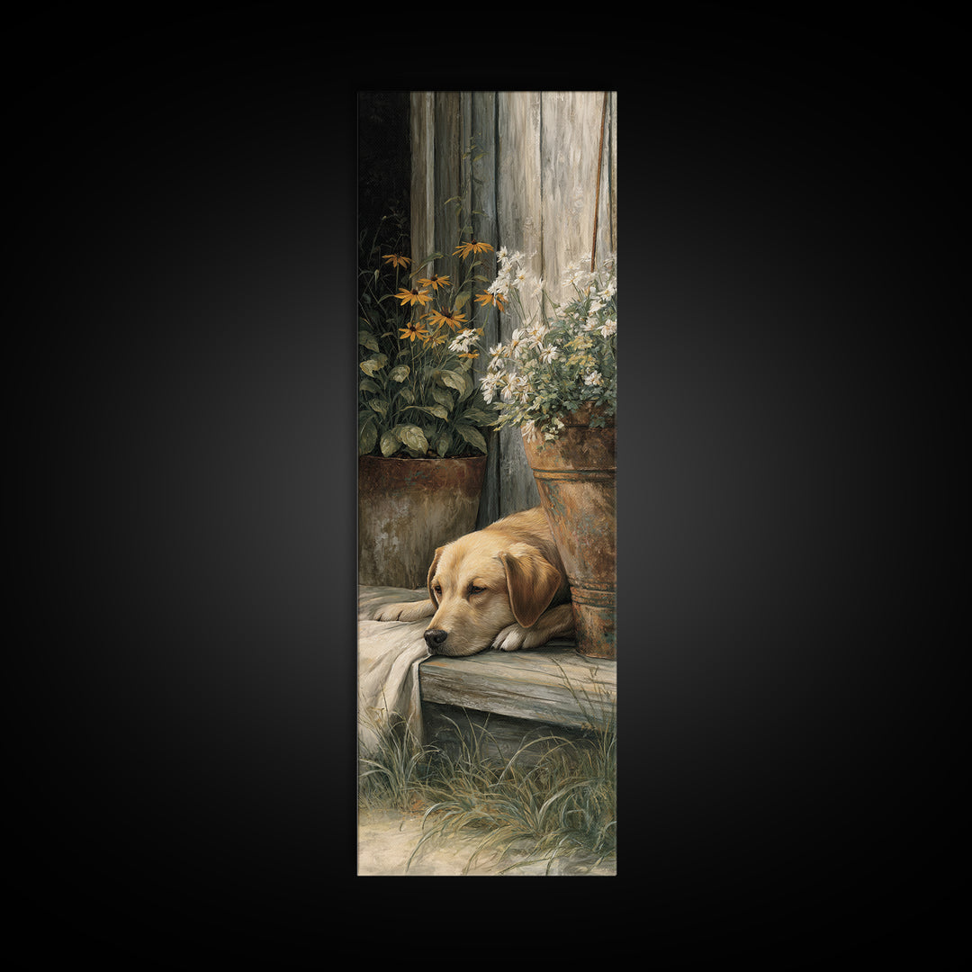 Dog Resting Beside a Porch Flower Pot Canvas Print, Country Art, Gallery Decor, Farmhouse Decor, Fine Art, Country, COU-1x3-82