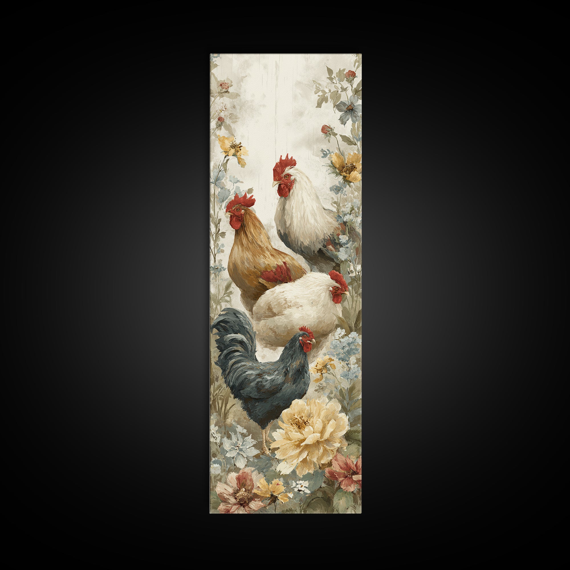 Chickens Pecking Near Garden Flowers Canvas Print, Country Art, Fine Art Print, Farmhouse Decor, Country, Digital Prints, COU-1x3-98