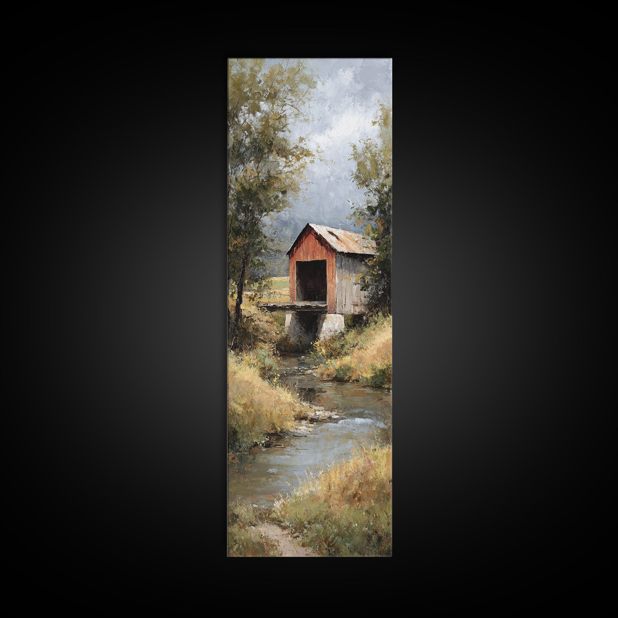 Covered Bridge over a Quiet Creek Canvas Print, Country Art, Farmhouse Wall Art, Farmhouse Decor, Watercolor Art, Country, COU-1x3-99
