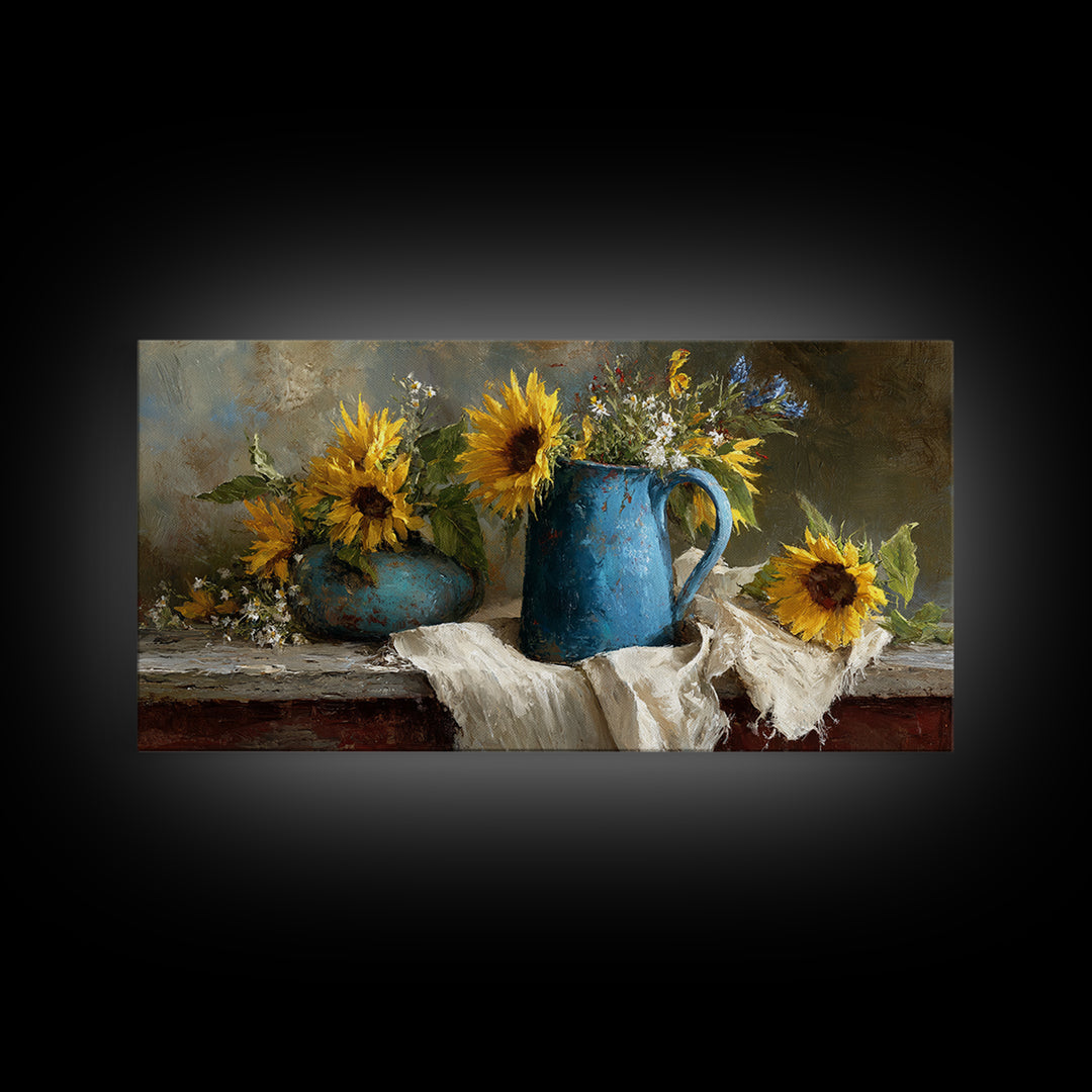 Sunflowers in a Blue Enamel Pitcher Framed Canvas Print, Country Art, Digital Art Prints, Farmhouse Decor, Oil Painting, COU-2x1-100